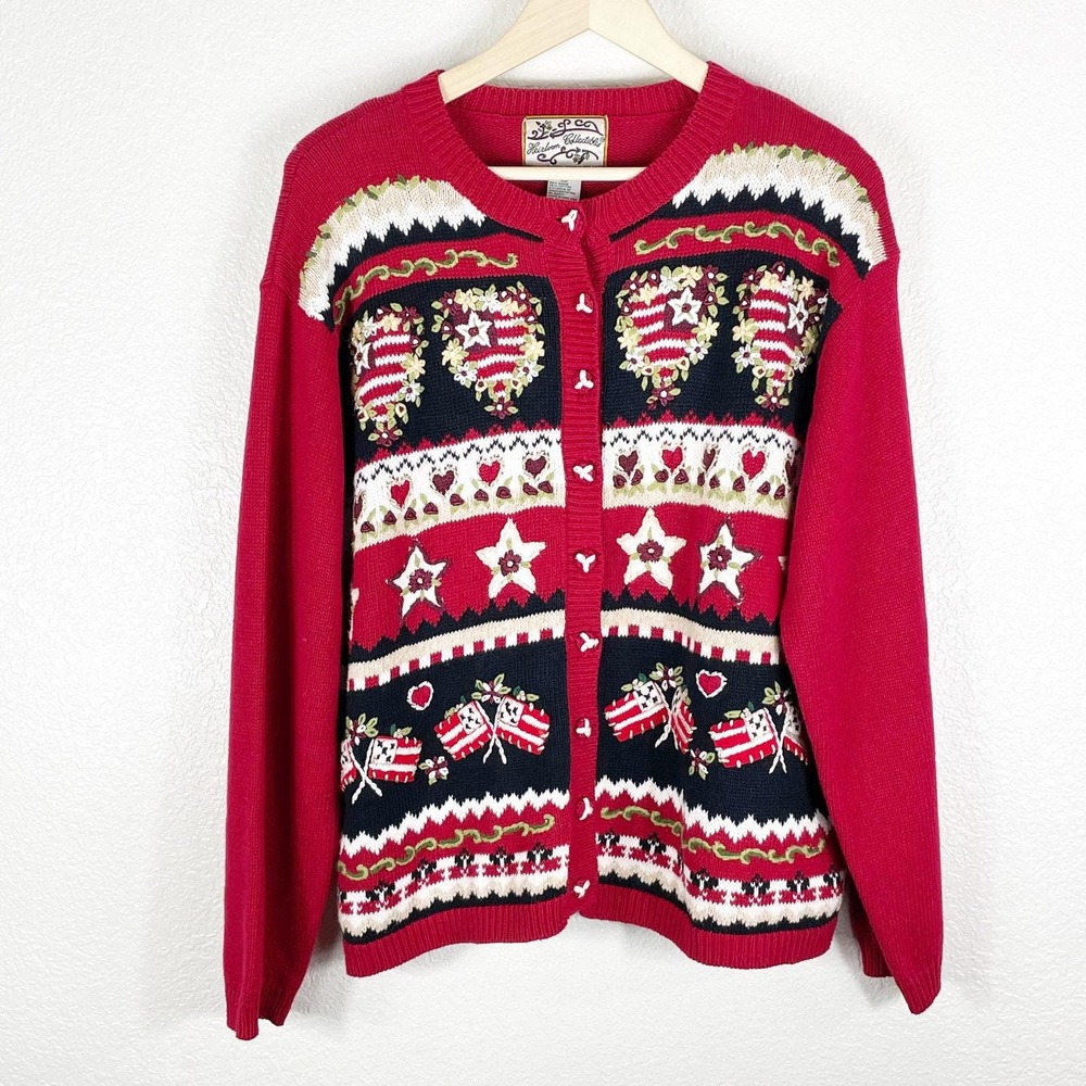 Vintage Women's Red White Blue Embroidered Grannycore Sweater Sz XL Americana
